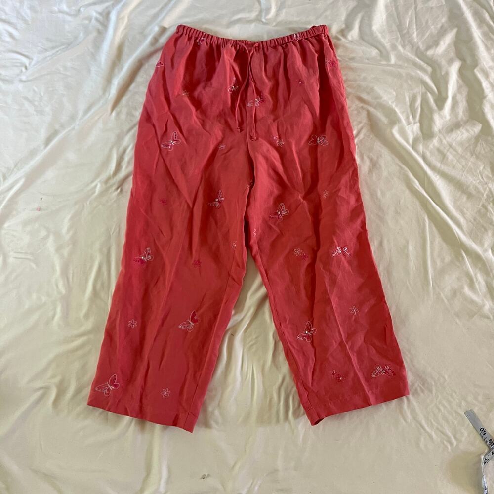 Vtg Y2K 2000s Pink Silk Linen Embroidered Butterfly Pants Sz M Fairycore